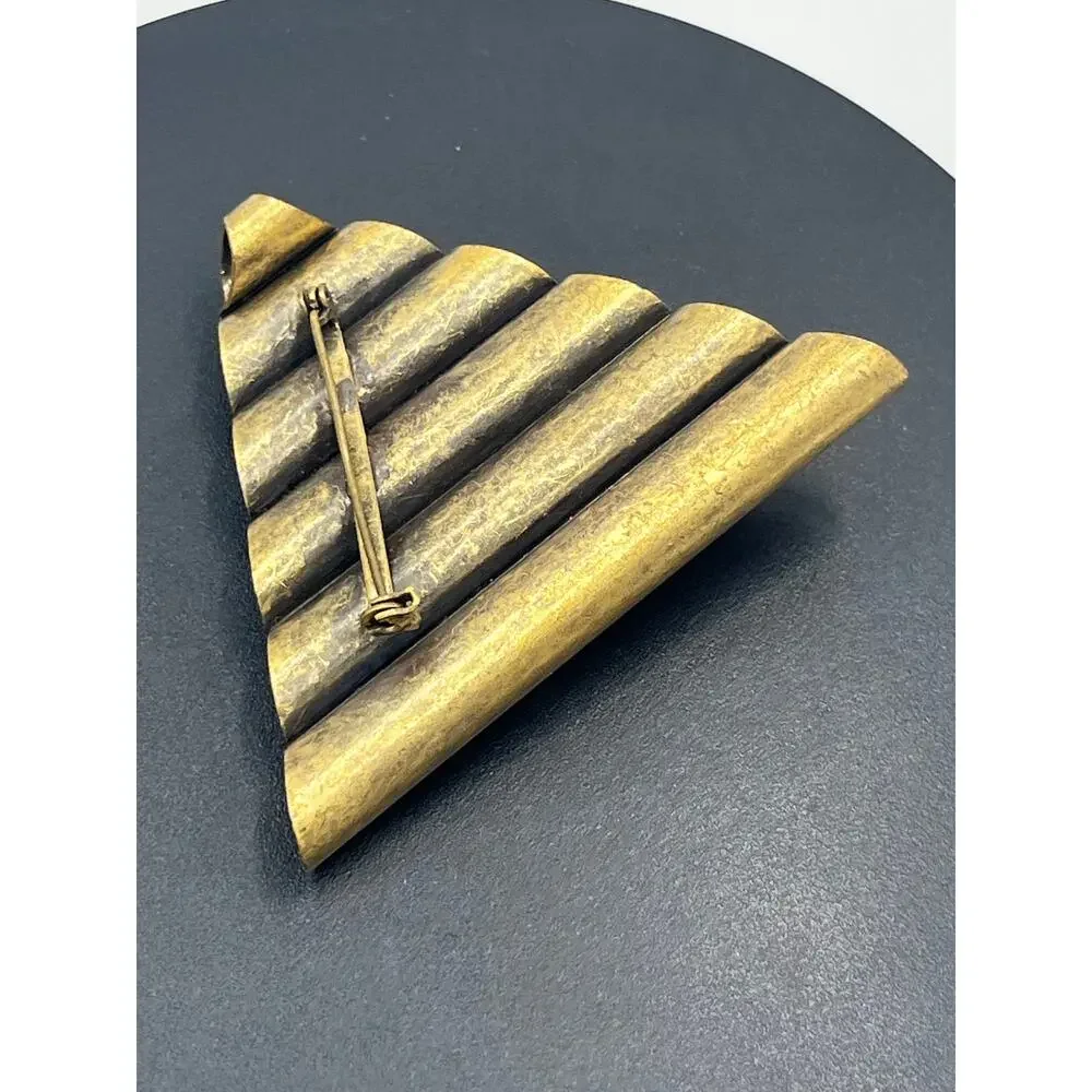 Brass Pin Brooch Tubes Triangle Red Oval Rhinestone 80s Retro MCM Vintage Granny